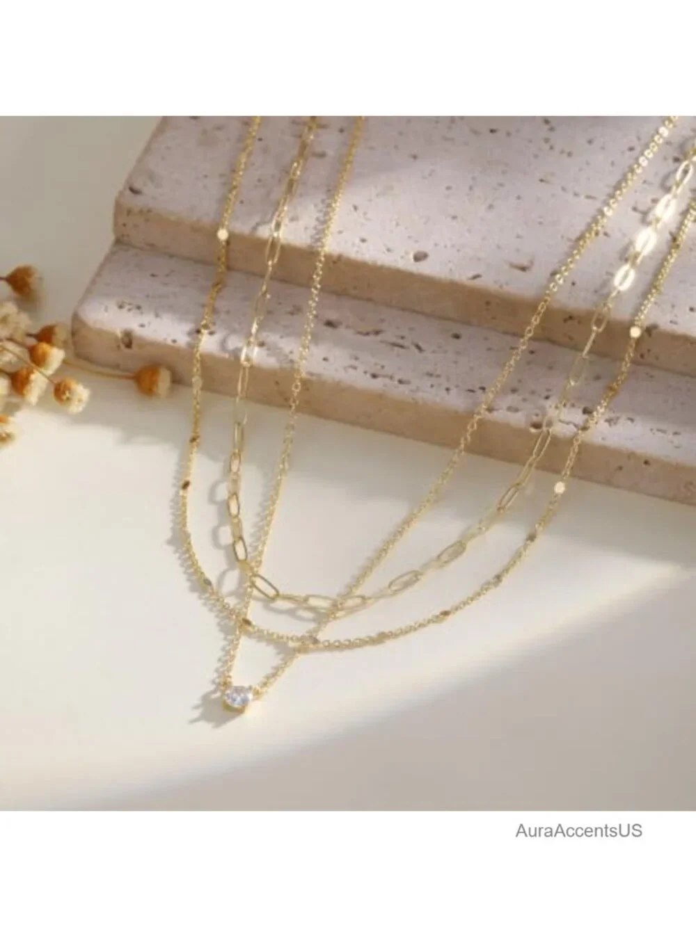 Layered Gold Plated Necklace Set Stackable Non-Tarnish Adjustable 3 Strands